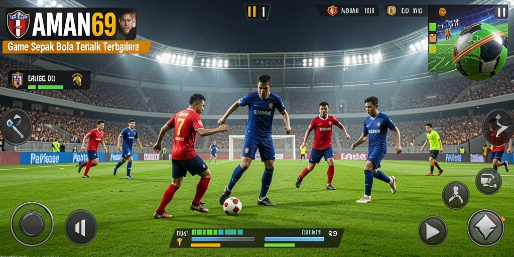 Screenshot utama AMAN69 menampilkan aksi seru di lapangan sepak bola.