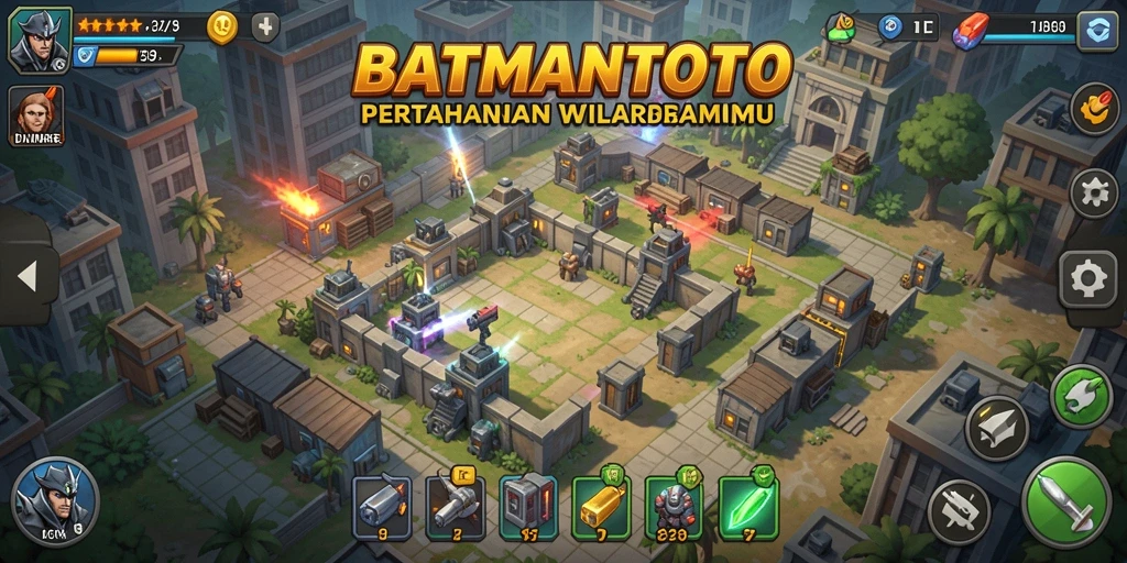 Screenshot gameplay menunjukkan menara siap tempur di arena Tower Defense.