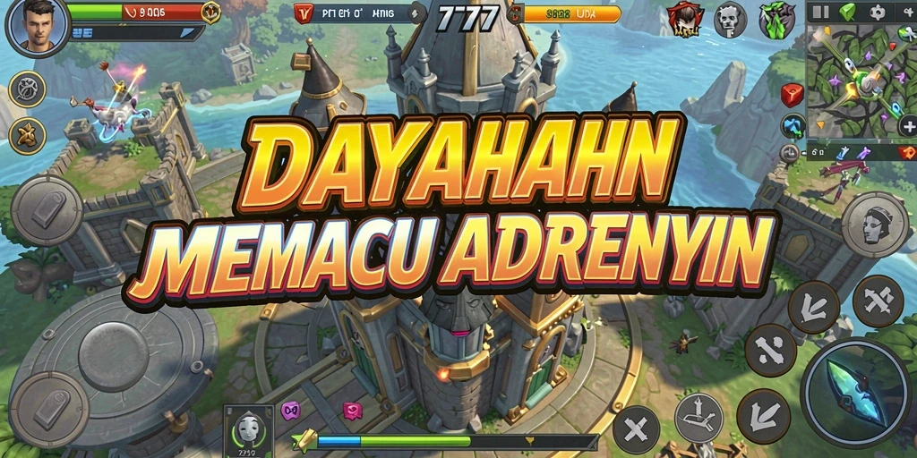 Screenshot gameplay DAY777, menunjukkan aksi pertahanan menara yang mendebarkan.