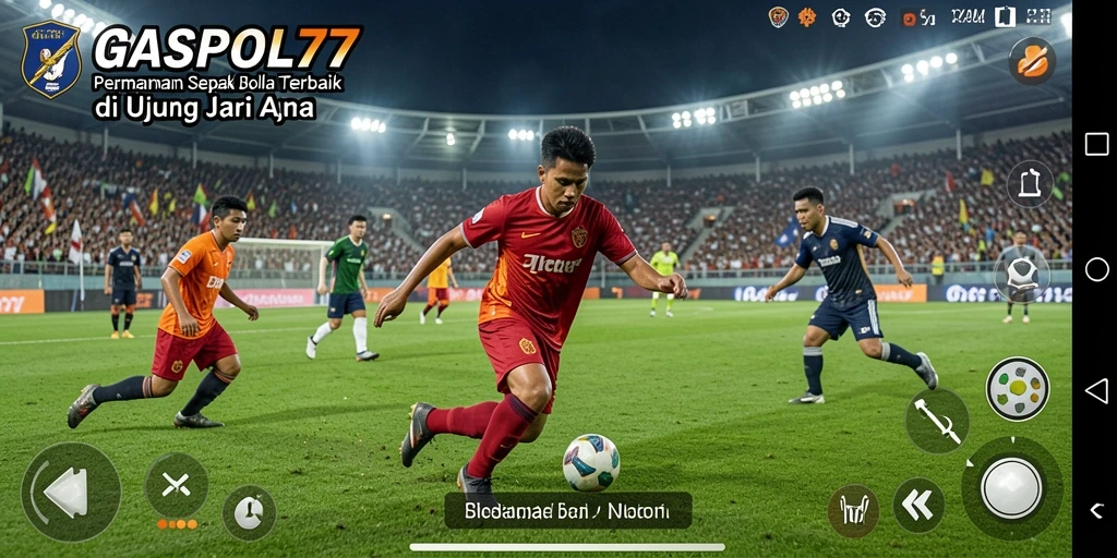 Screenshot yang menampilkan gameplay dinamis dalam permainan sepak bola.