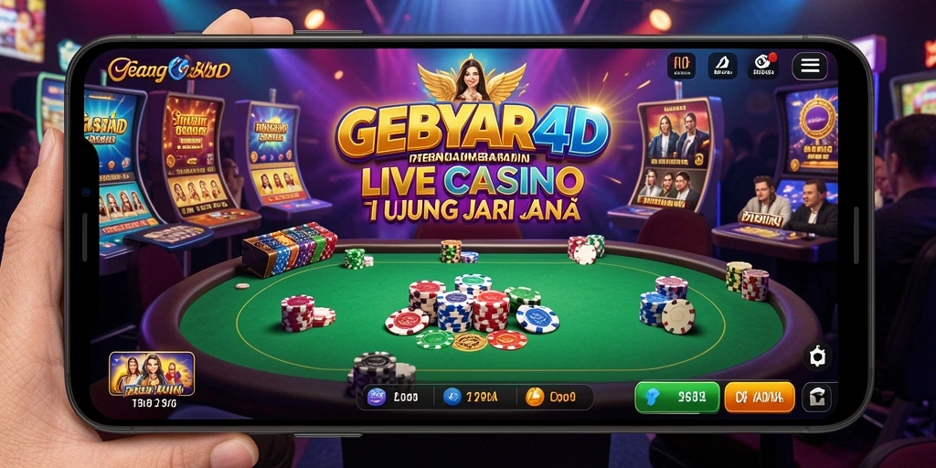Screenshot GEBYAR4D menampilkan dealer langsung dan suasana permainan Live Casino yang mendebarkan.