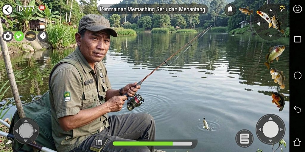 Screenshot gameplay <strong>ID777</strong> menunjukkan aksi memancing seru di laut.