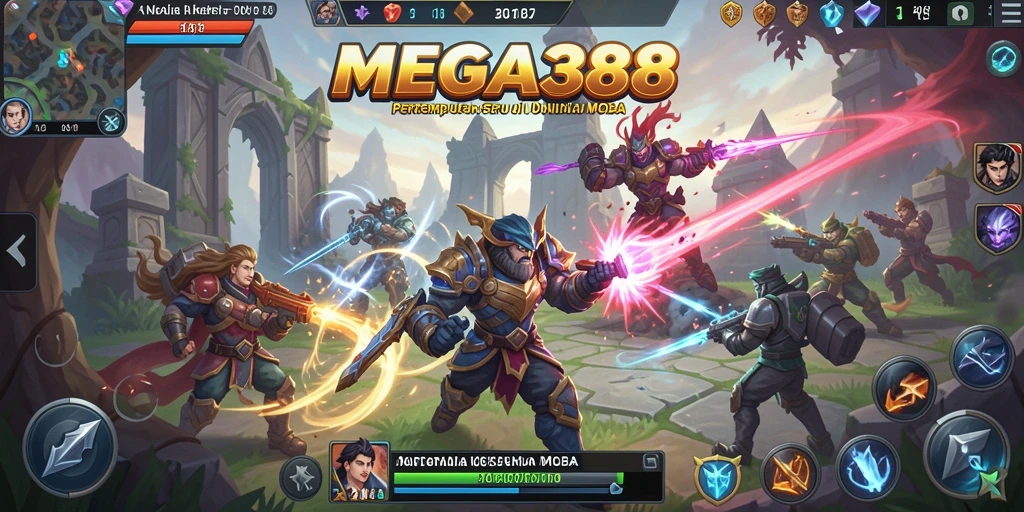 Tangkapan layar utama MEGA388 yang menampilkan pertarungan seru di arena MOBA.