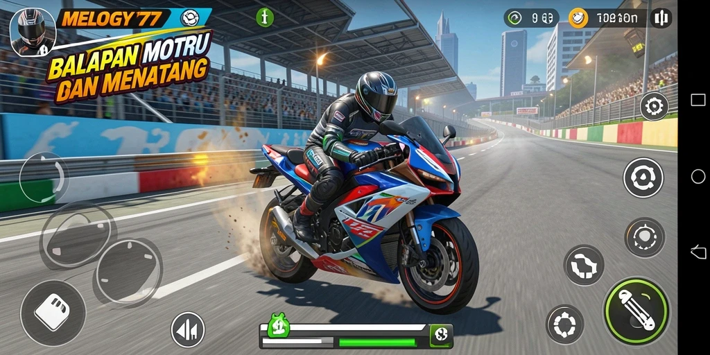 Screenshot utama MELODY77 menampilkan balapan motor yang seru dan menegangkan.