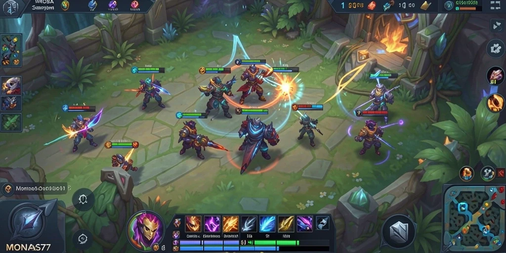 Tampilan aksi seru dalam gameplay MOBA MONAS77.